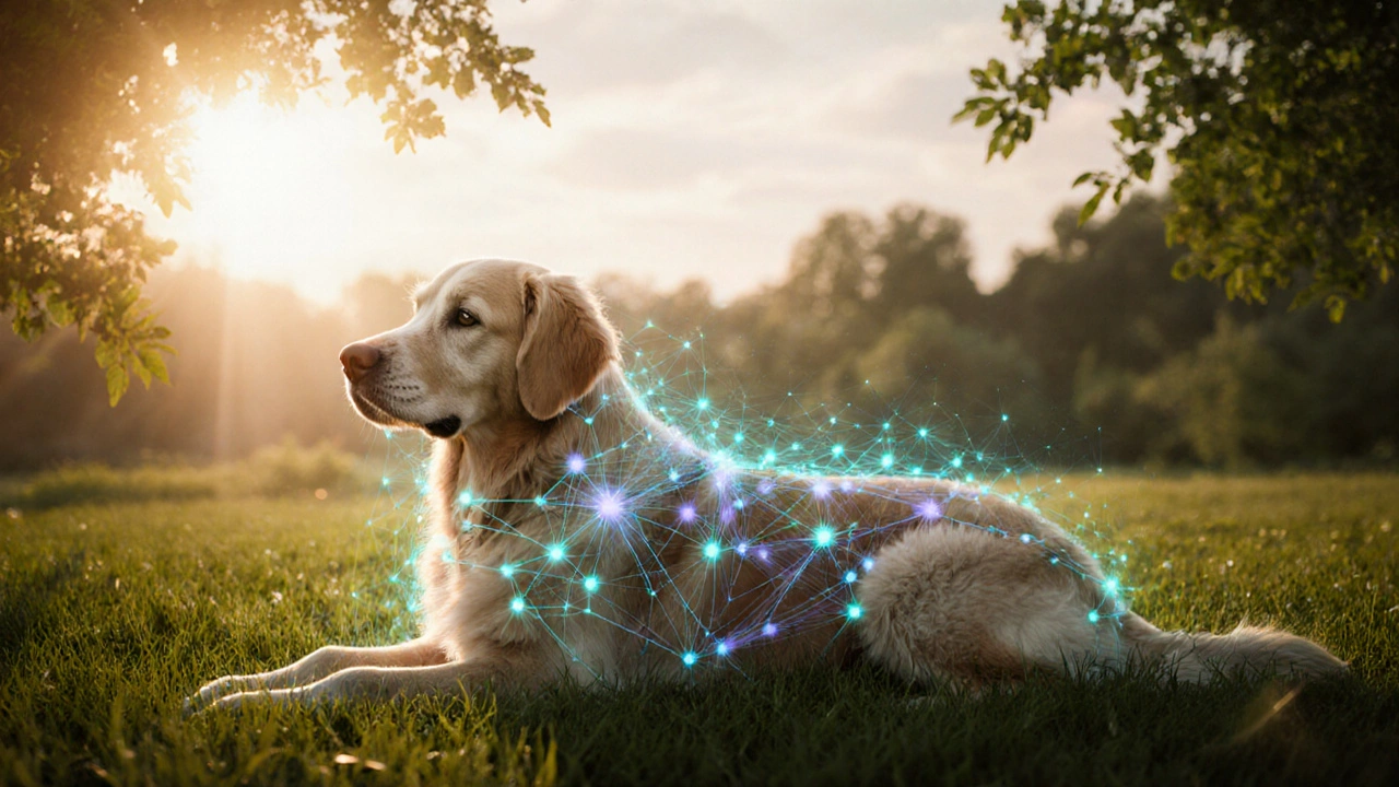 Entspannter Hund im Grünen, leuchtendes Netzwerk symbolisiert Endocannabinoid‑System.