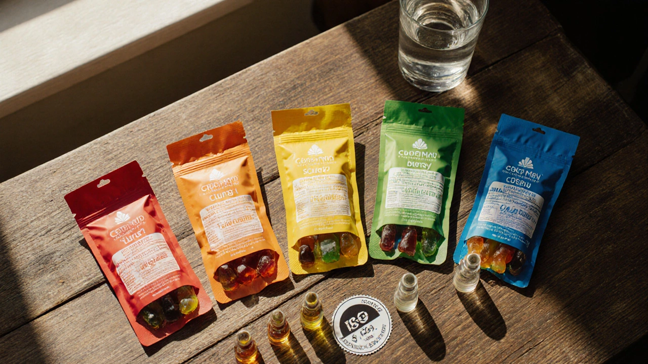 Flat‑Lay der fünf besten CBD‑Gummiverpackungen auf einem Holzbrett.