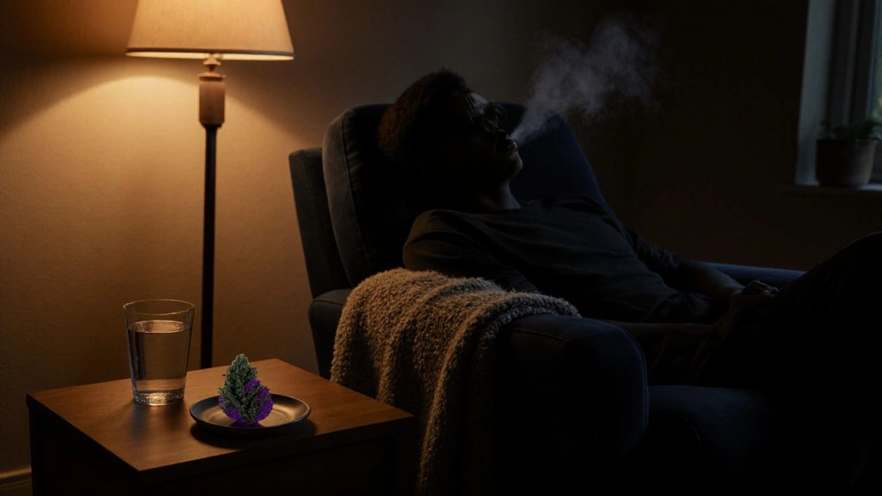 Gemütliches Wohnzimmer bei gedämpftem Licht, Person entspannend auf einem Sessel mit einem kleinen Bud‑Stück auf dem Tisch.
