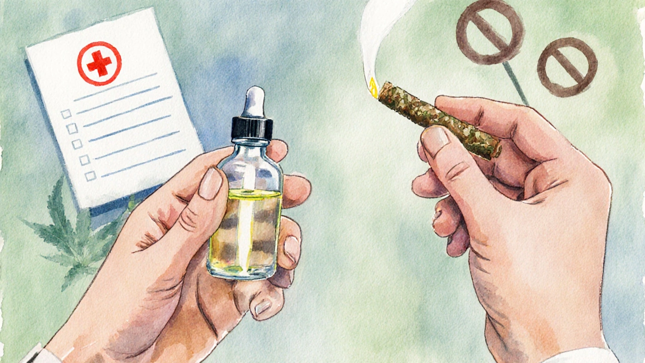 Hand hält Ölflasche und Joint, im Hintergrund dezente Rechts‑Symbole.