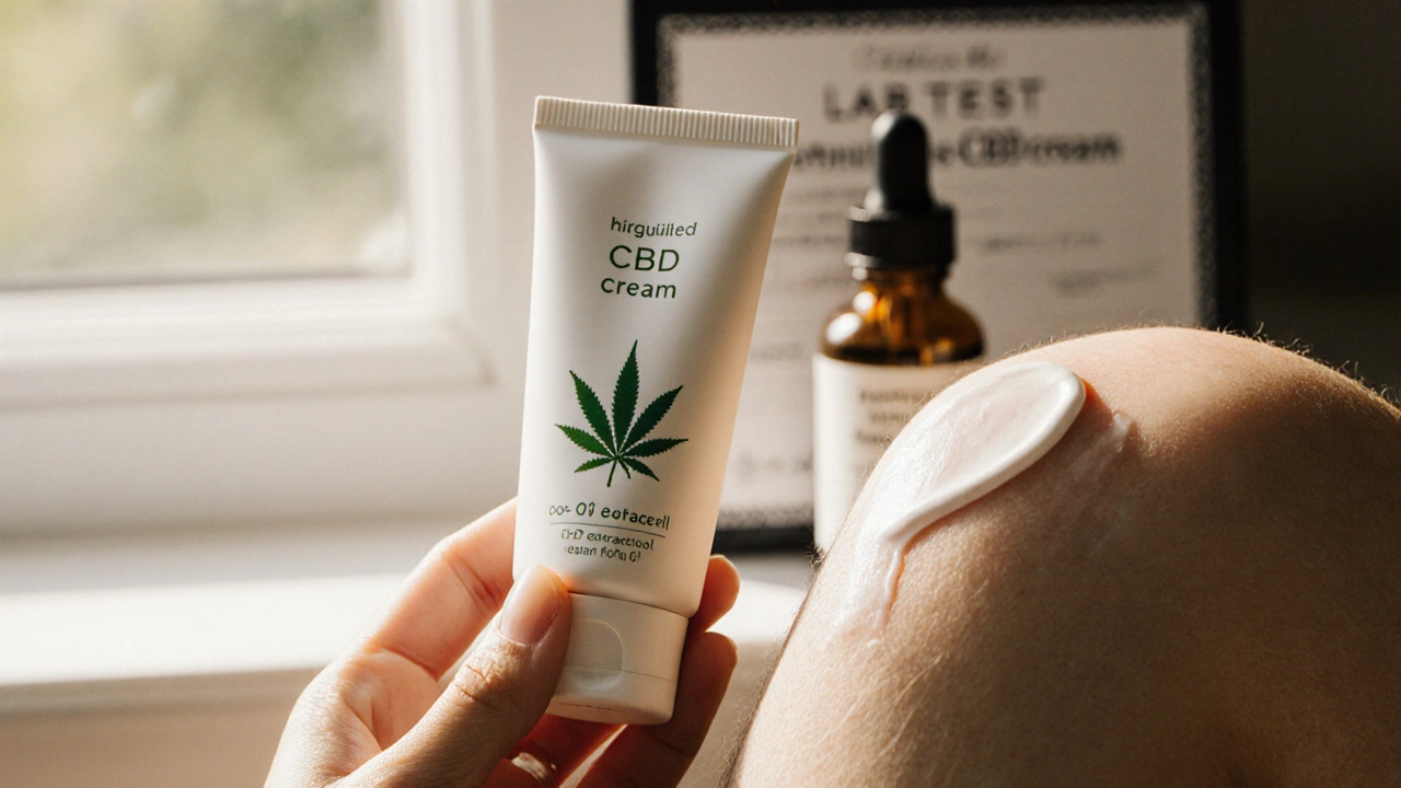 Hand trägt CBD‑Creme auf geschwollenes Knie, Laborzertifikat im Hintergrund.