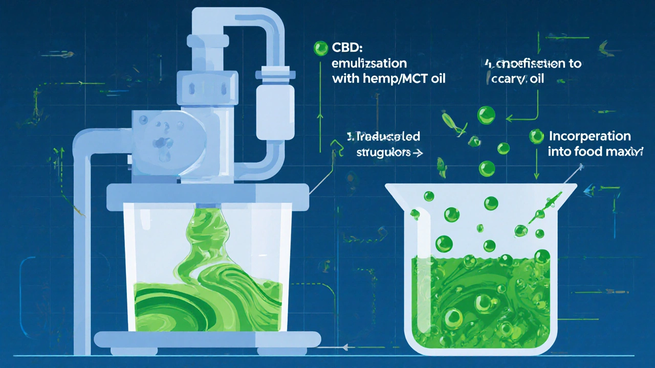 Illustration der CO₂‑Extraktion und Emulgierung von CBD für Lebensmittel.