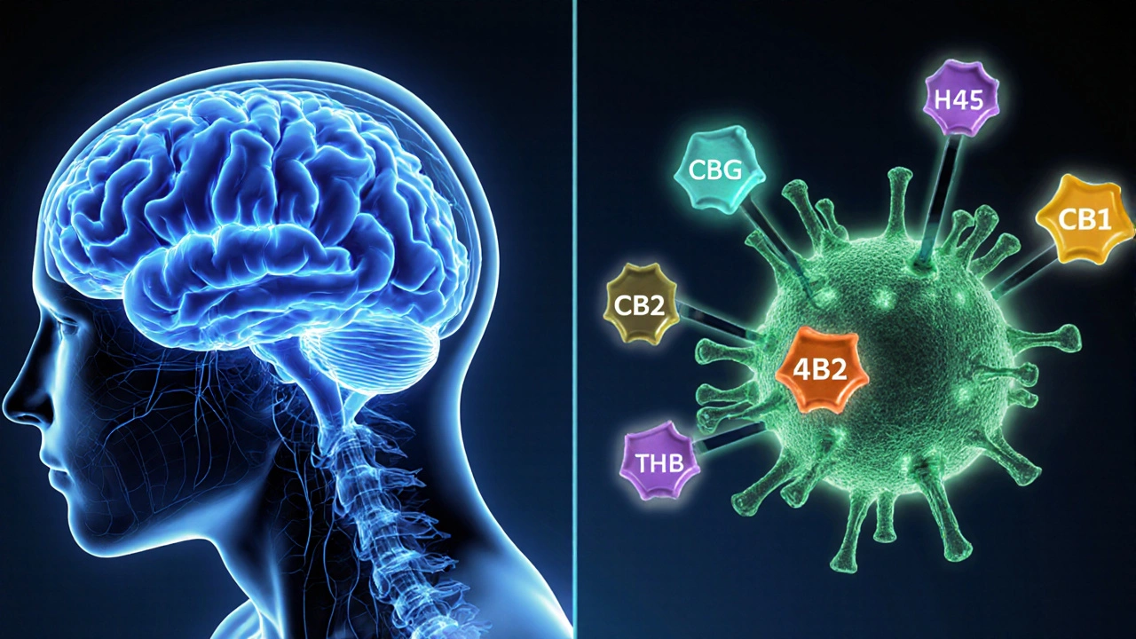 Illustration des Endocannabinoid‑Systems mit CB1‑ und CB2‑Rezeptoren, an die fünf Cannabinoide binden.
