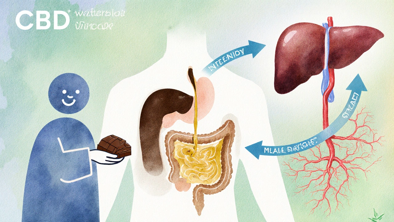 Illustration des Verdauungswegs von CBD‑Schokolade von Mund bis Blutkreislauf.