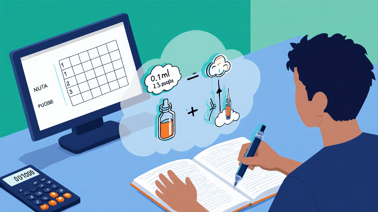 Illustration einer Person, die Dosierung mit Formel und Taschenrechner berechnet.