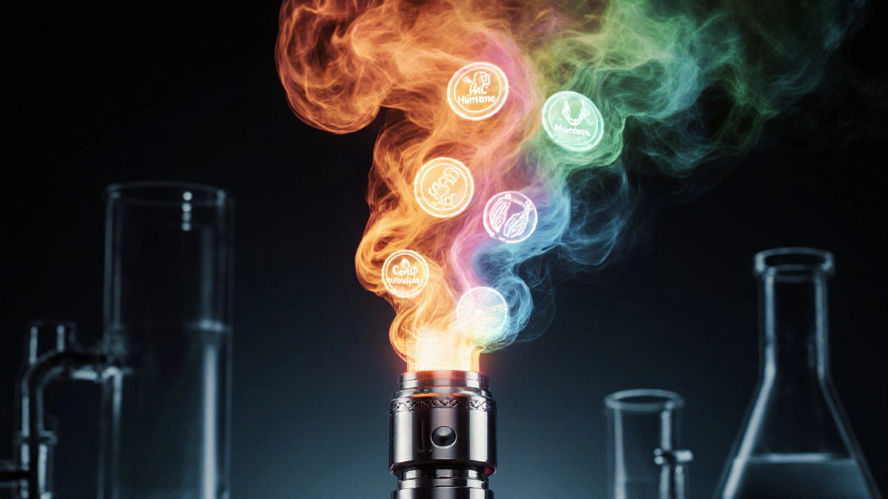 Illustration eines Vaporizers, der einen bunten Terpen‑Dunst mit Symbolen für Myrcen, Limonen und Co. ausstößt.