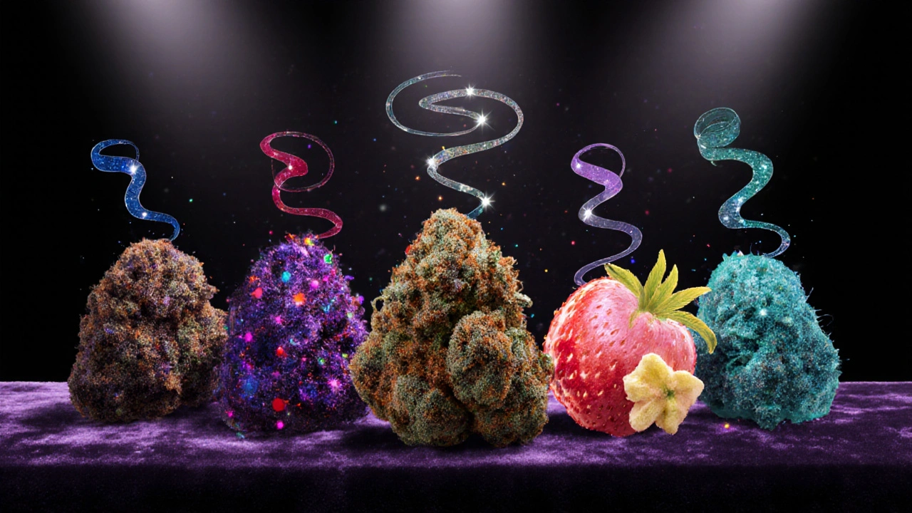Illustration von sieben verschiedenen Indica‑Bud‑Sorten auf einem dunklen Samttisch, jede mit einzigartiger Farbe.
