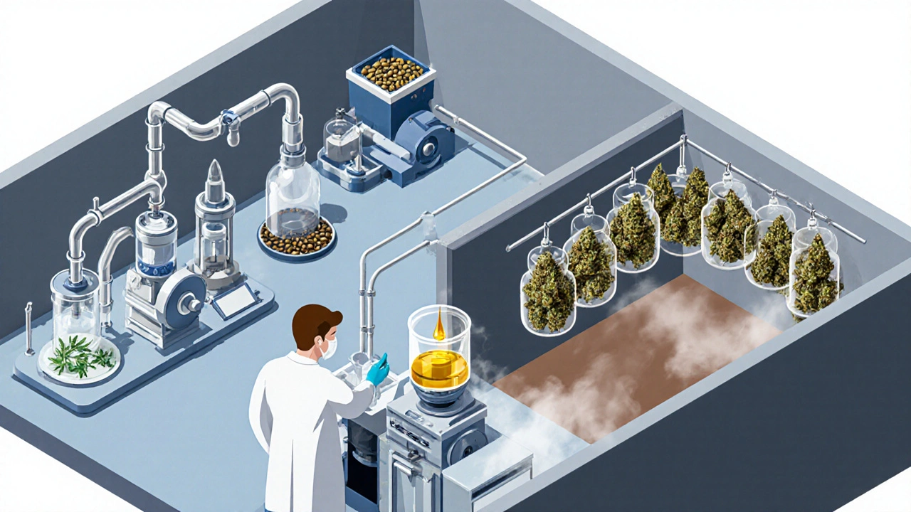 Isometrische Ansicht: Extraktion, Kaltpressen und Trocknung von Cannabis.