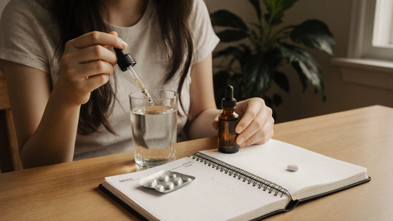 Junge Frau am Küchentisch mit Wasser, CBD‑Tropfer, Ibuprofen‑Packung und Schmerz‑tagebuch.