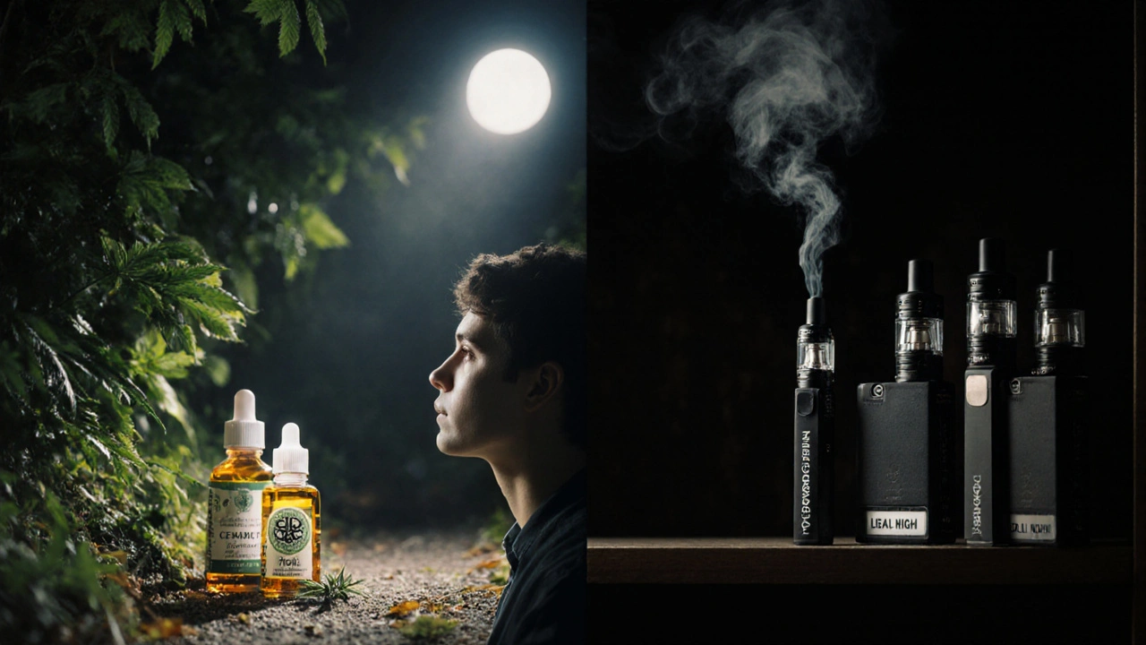 Junge Person vor der Entscheidung zwischen natürlichem CBD und riskanten Vapes