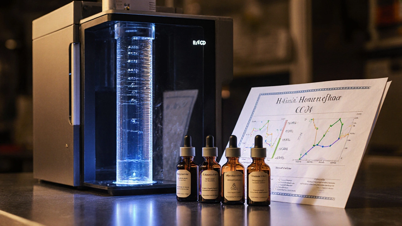 Labor mit HPLC‑Gerät, Ölflaschen und geöffneter Analysezertifikat‑Seite.