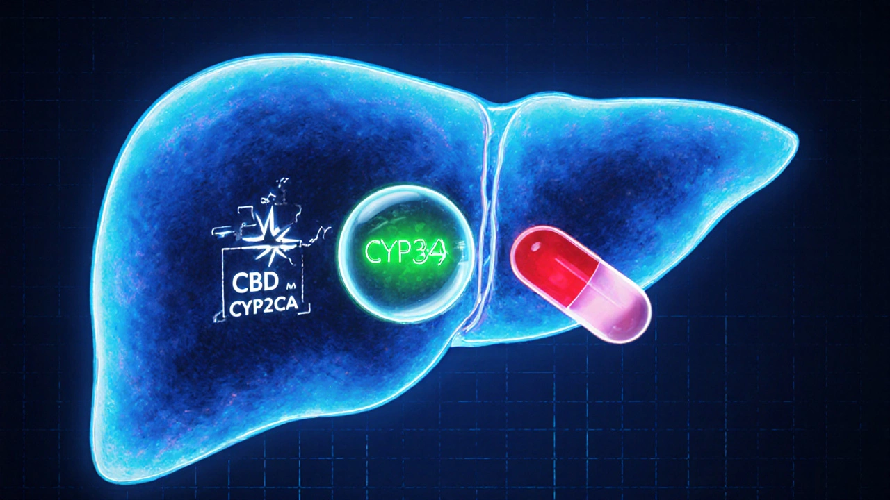 Leberquerschnitt mit leuchtenden Enzymen, grünem CBD‑Molekül blockiert CYP2C9, rotem Ibuprofen.
