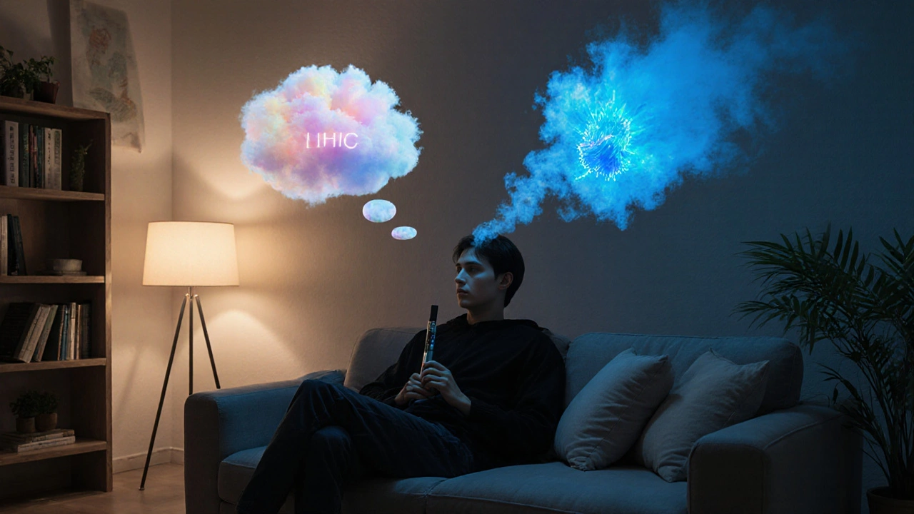 Person auf Couch mit Vape‑Pen, über ihr zwei Denkblasen: ruhige HHC‑Wolke und intensive Live‑Resin‑Explosion.