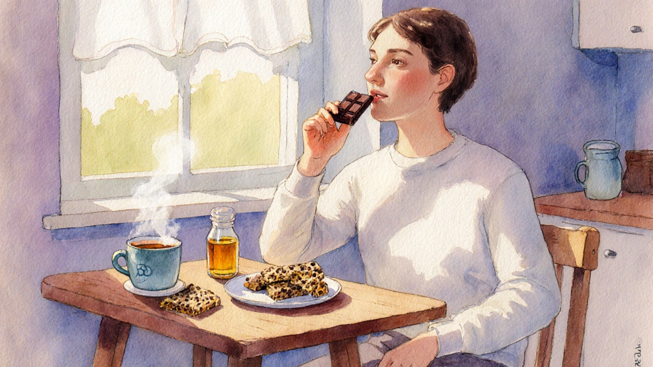 Person genießt CBD‑Schokolade in einer gemütlichen Küche.