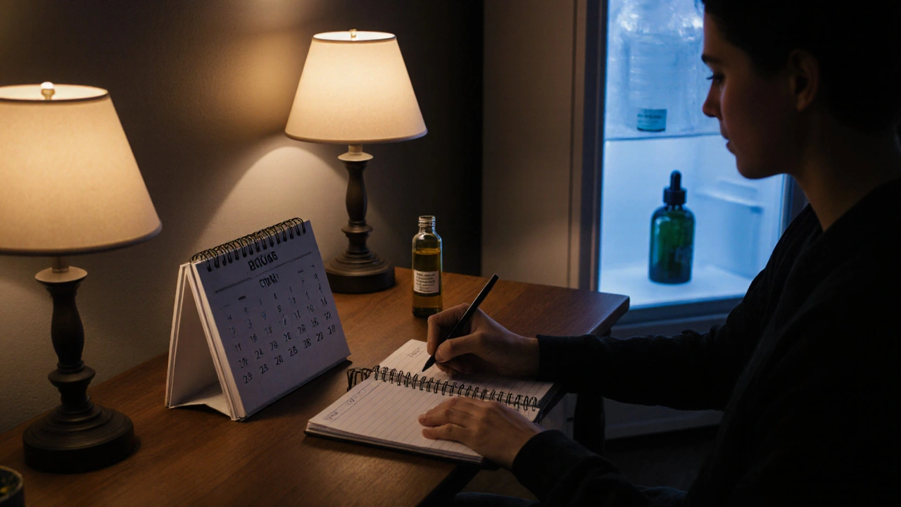 Person schreibt Dosierungsprotokoll, neben ihr ein Kalender, CBN‑Flasche im Kühlschrank, beruhigende Schlafzimmeratmosphäre.