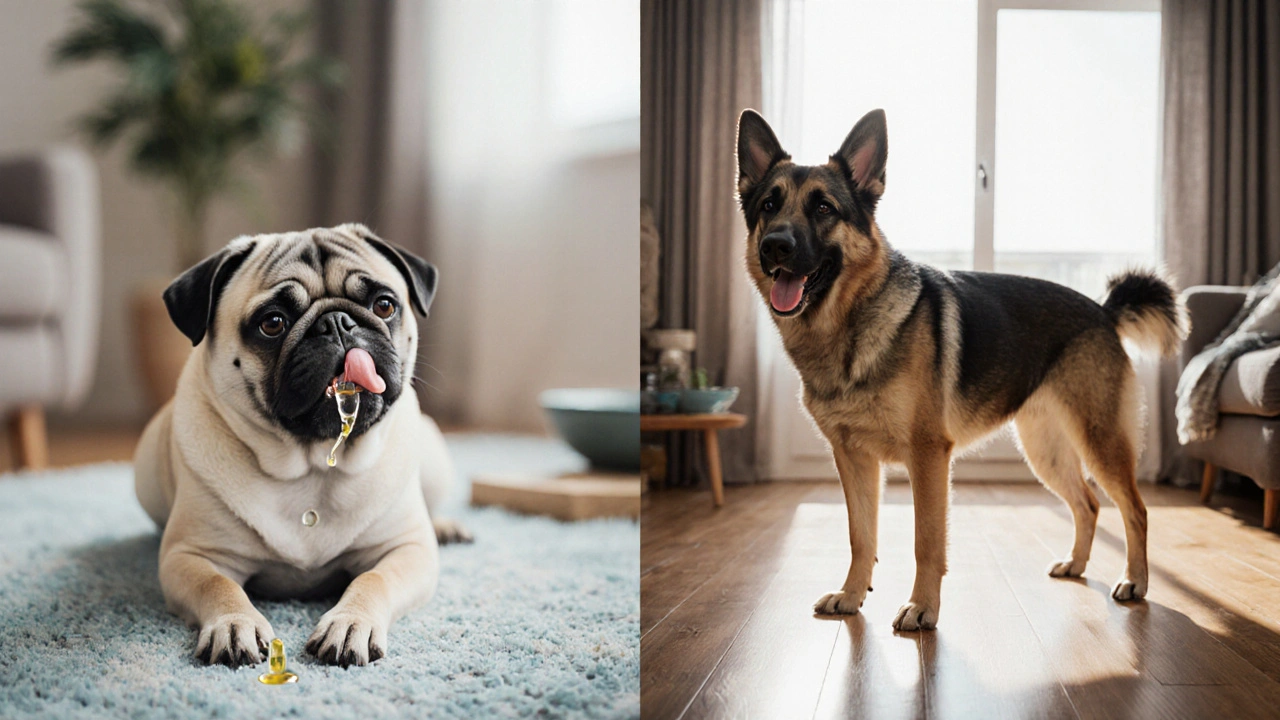Pug und Deutscher Schäferhund erhalten CBD‑Öl, unterschiedliche Reaktionen.
