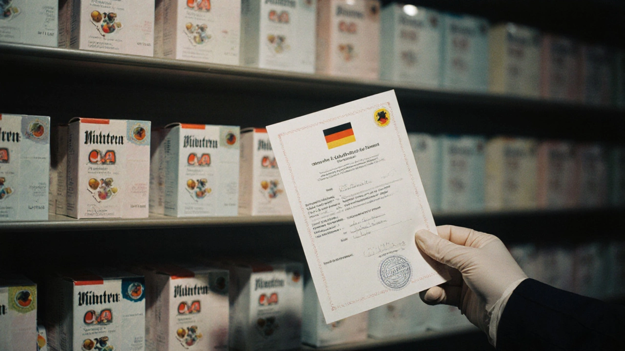 Regulatorisch geprüfte Gummipackungen in einer deutschen Apotheke, Hand hält ein COA‑Dokument.
