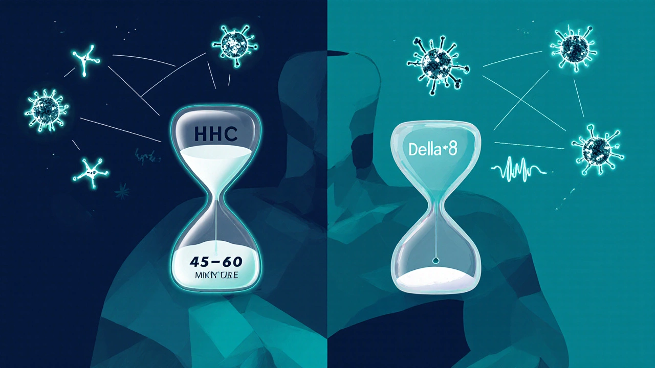 Silhouette mit Stundenglas, Molekülen von HHC und Delta‑8 und CB1‑Rezeptor‑Symbol, das Wirkungszeitpunkt zeigt.