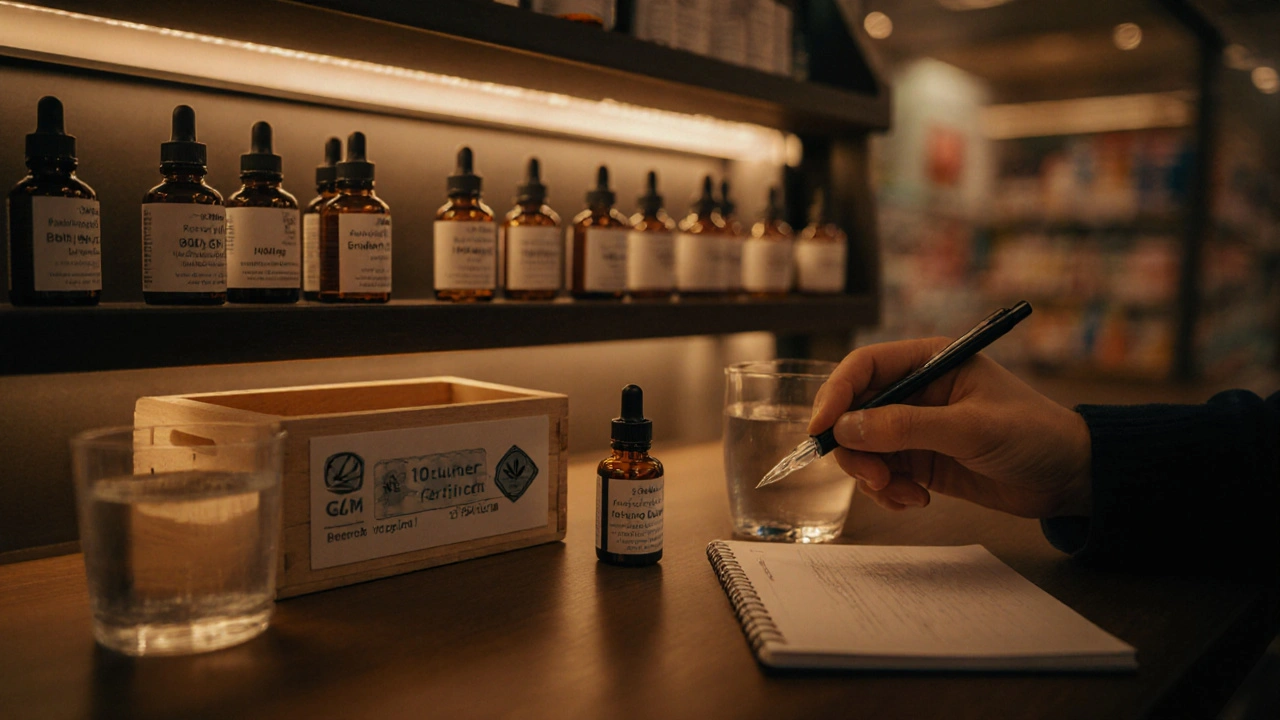 Stimmungsvolles Bild einer Apotheke mit CBD‑Vape‑Flaschen, GMP‑Zertifikat und Wasser.