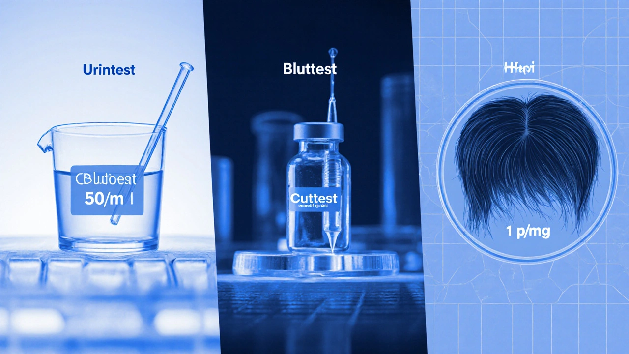 Urintest‑Becher, Blutprobe und Haarprobe nebeneinander im Labor, mit Cut‑off‑Werten.