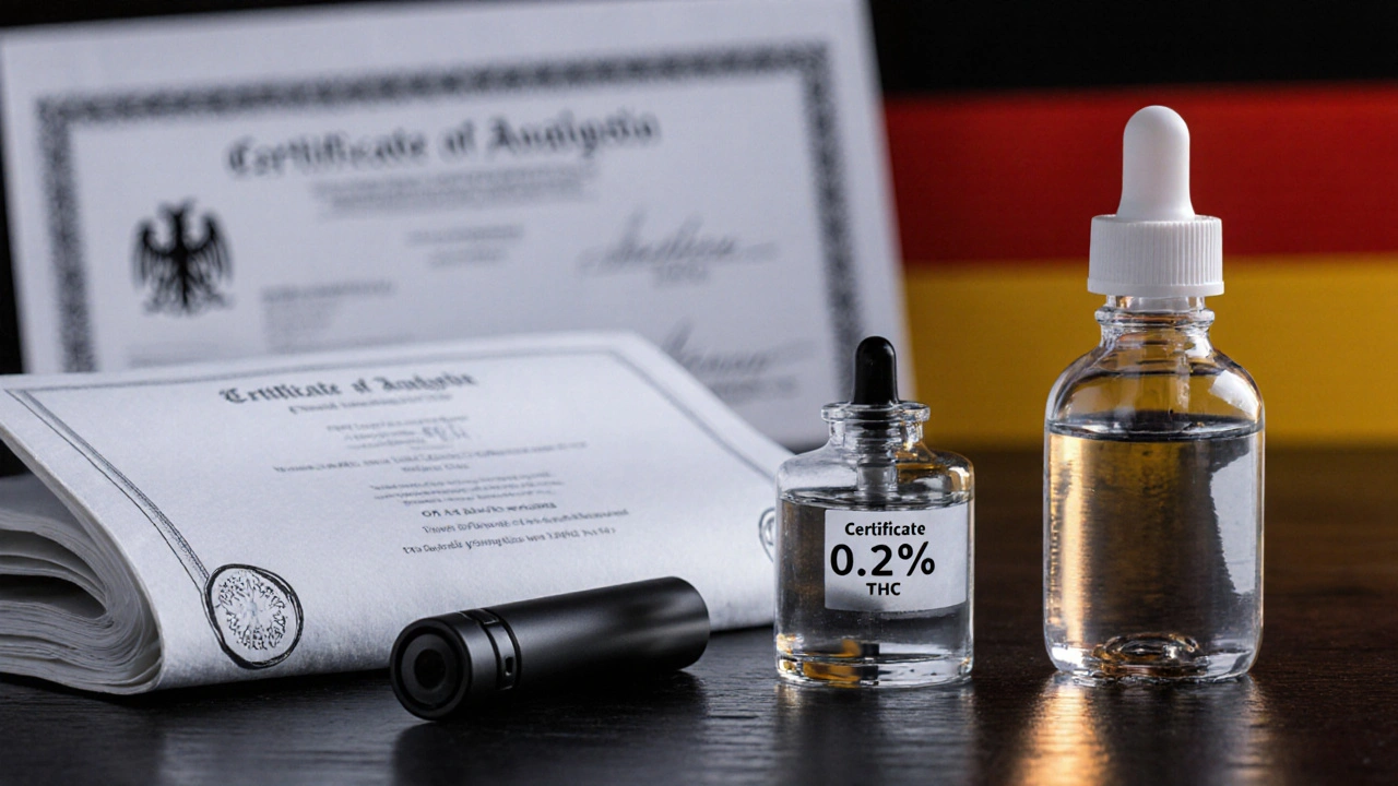 Vape‑Pen, Wasserflasche und Analysezertifikat auf Holz, symbolisieren sicheres HHC‑Sativa‑Handling.