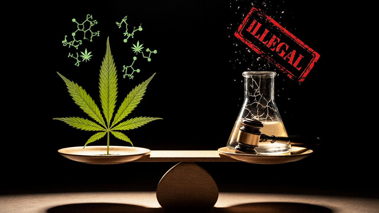 Waage mit natürlichen Cannabinoiden auf einer Seite und synthetischen Stoffen sowie rechtlichen Warnsymbolen auf der anderen.