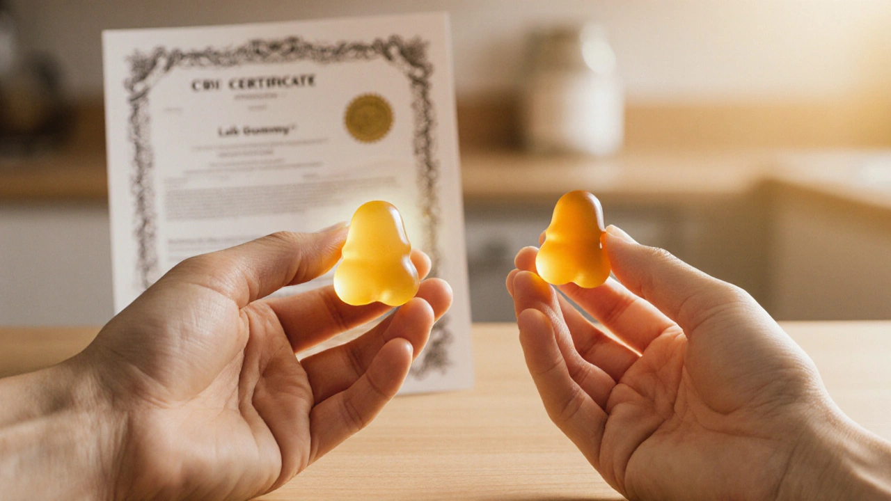 Zwei Hände halten unterschiedliche CBD‑Gummis – ein klares, reines Exemplar neben einem unsicheren Stück.