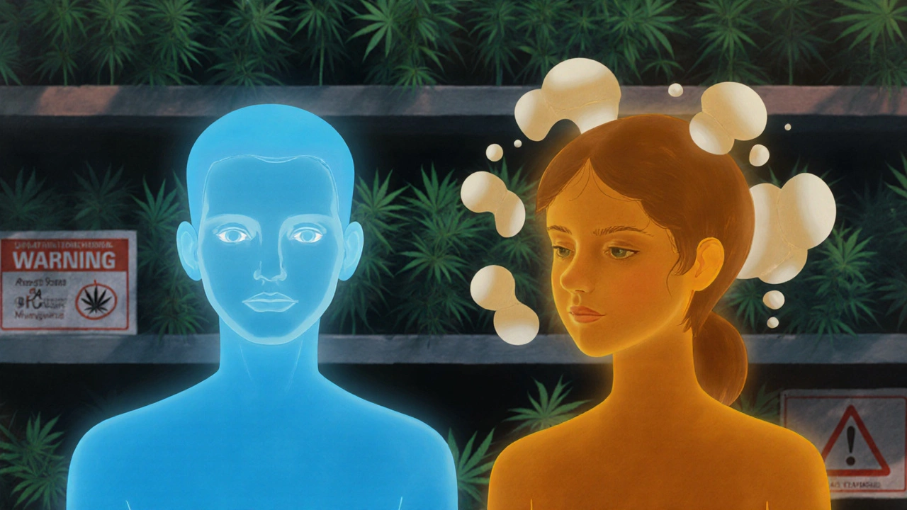 Zwei menschliche Silhouetten, eine ruhig und klar, die andere verschwommen und getrübt, symbolisieren die unterschiedlichen Wirkungen von H4 und HHC.