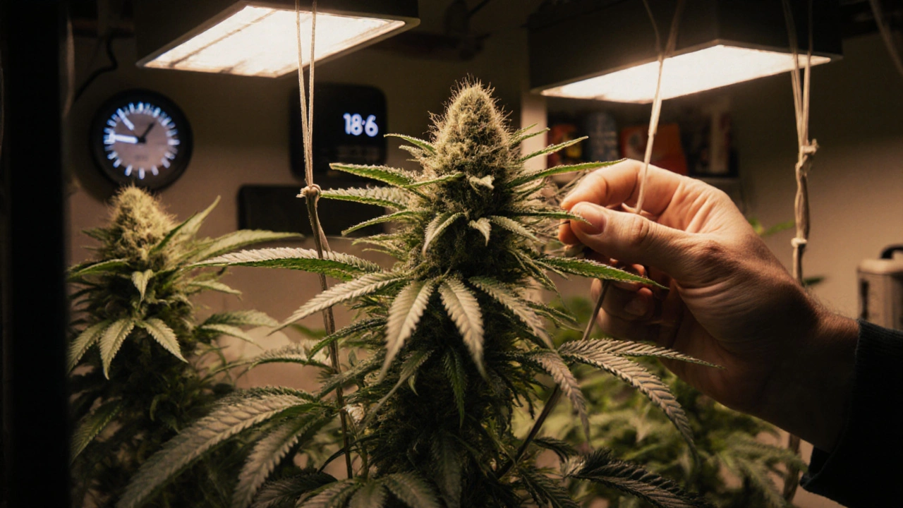 Anbauer führt LST an einer Cannabis-Pflanze in der dritten Woche der Vegetationsphase durch.