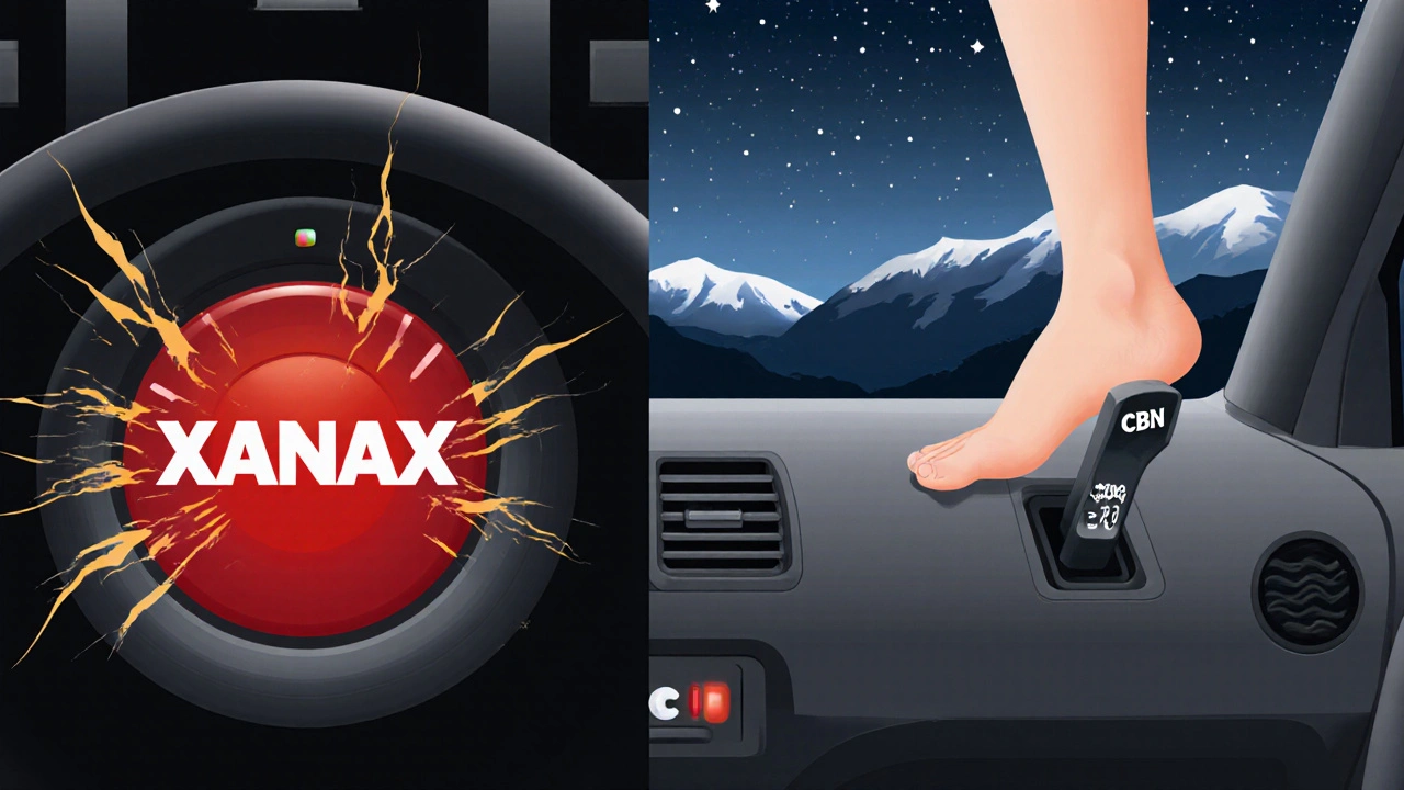 Autodashboard: Xanax als Bremse vs. CBN als sanftes Loslassen des Gaspedals.