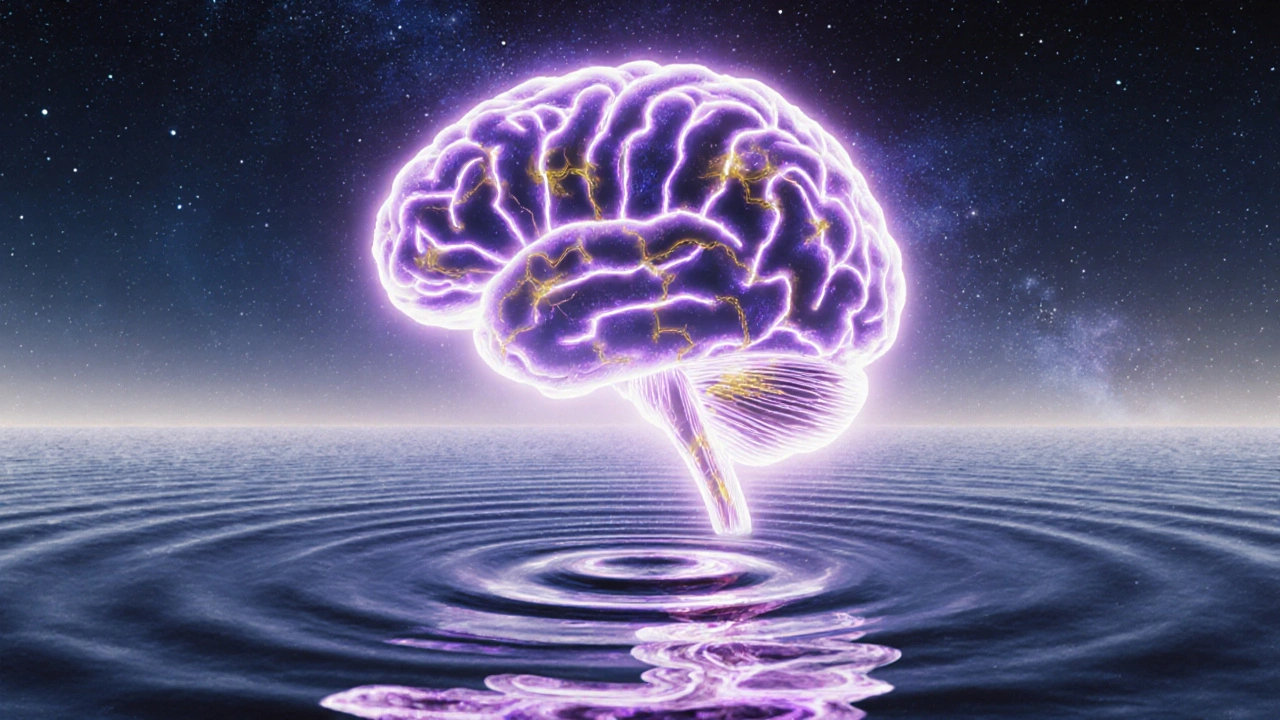 Beleuchtetes Gehirn mit leuchtenden Rezeptorwegen, symbolisiert die anhaltende Wirkung von HHC.