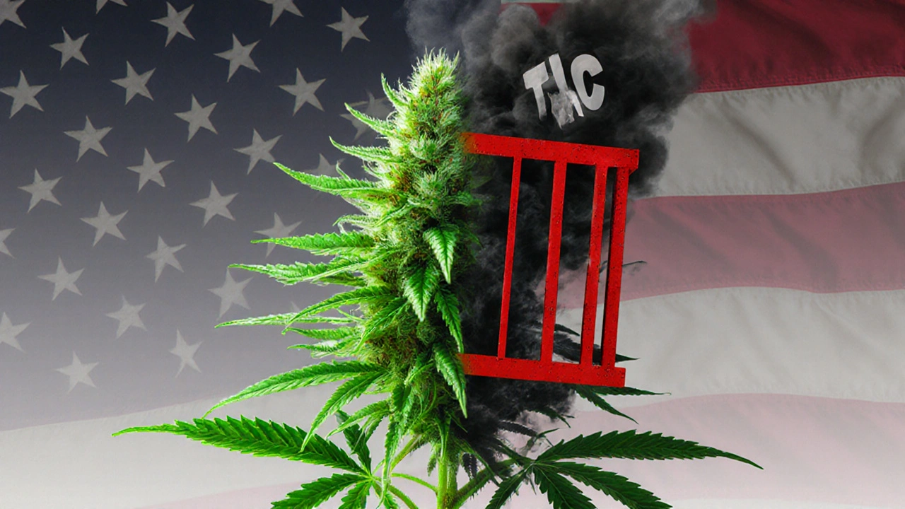 Cannabis-Pflanze, die sich von grünem THCa in roten THC-Dampf verwandelt, eingeschlossen in einem Käfig