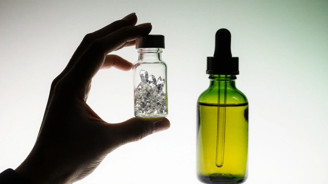 CBD-Kristalle neben Vollspektrum-Öl, Vergleich der Reinheit