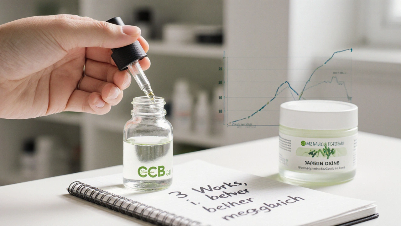 CBG-Öl-Tropfer neben Creme und Notizen, symbolisiert langfristige Schmerzlinderung.