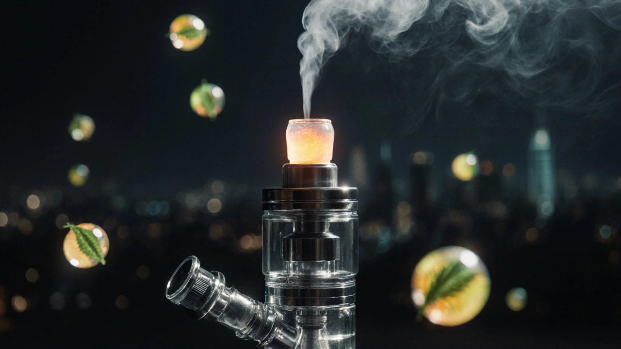 Dampf steigt von einer heißen Oberfläche mit CBD-Wachs auf, umgeben von leuchtenden Terpen-Molekülen.