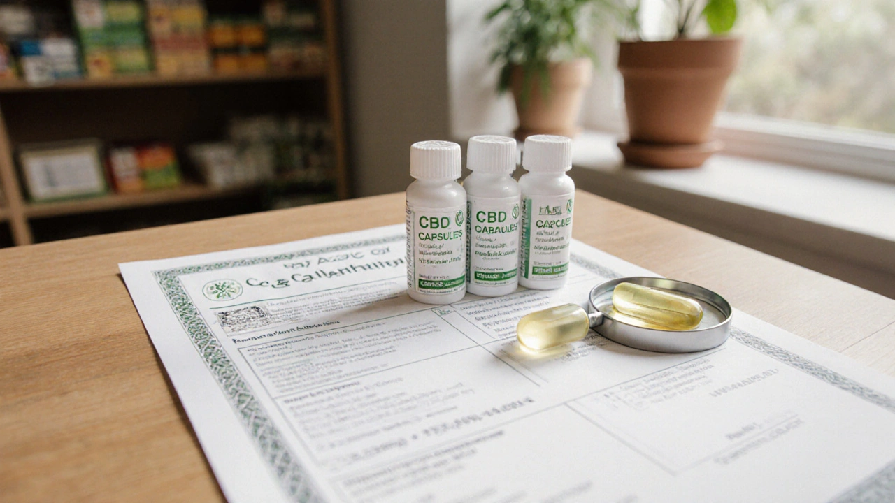 Drei CBD-Kapseln auf Holztisch mit Labortest und geöffneter Kapsel, goldenes Öl sichtbar.