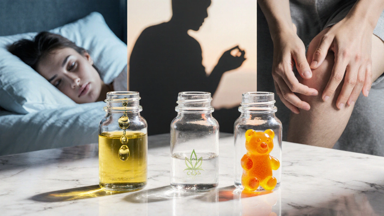 Drei H4CBD-Anwendungsformen – Tropfen, Kapsel, Gummibärchen – mit symbolischen Wirkungsbildern dahinter.