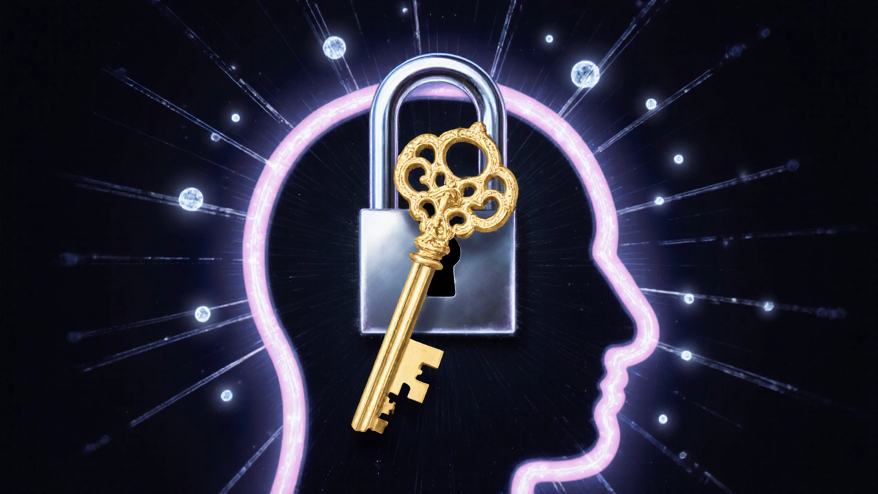 Ein langer goldener Schlüssel (THCP) passt perfekt in ein neuronales Schloss, während kürzere Schlüssel (THC, HHC-P) nicht ganz hineinpassen.