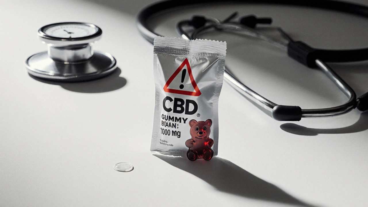 Ein verpacktes CBD-Gummibärchen mit 1000 mg auf einem Krankenhaus-Tisch neben medizinischen Geräten.
