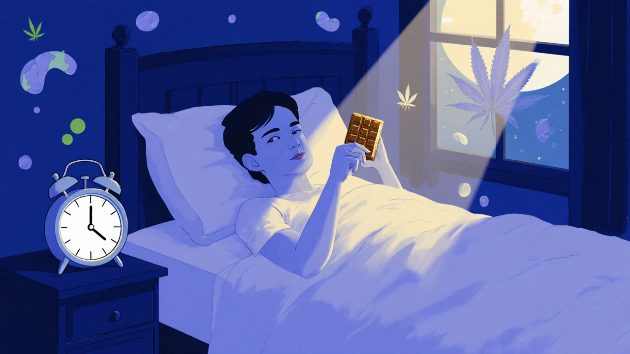 Eine Person in Nachtwäsche isst Schokolade im Bett, Mondlicht fällt durch das Fenster.