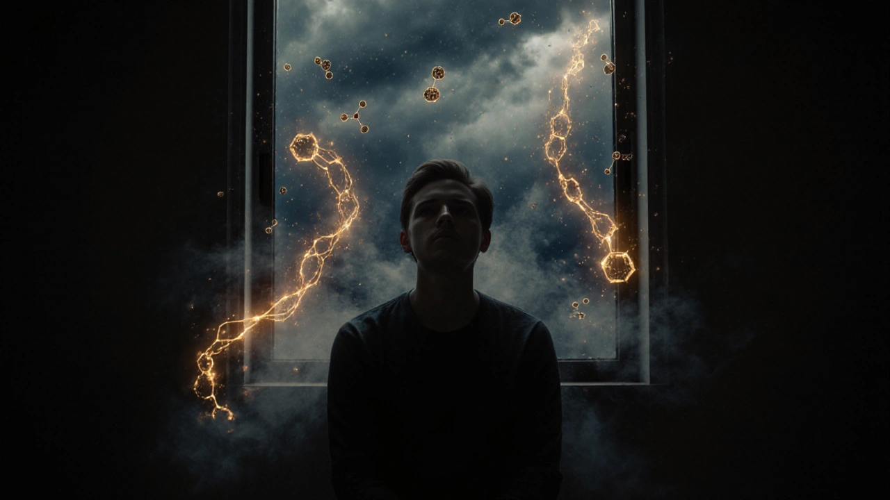 Eine Person in ruhiger Haltung, umgeben von schwebenden, leuchtenden THCP-Molekülen, während andere Cannabinoid-Moleküle verschwinden.