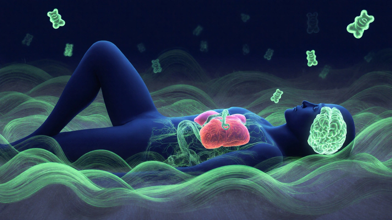 Eine silhouettenhafte Person liegt auf dem Boden, umgeben von abstrakten, überladenen CBD-Energiewellen.