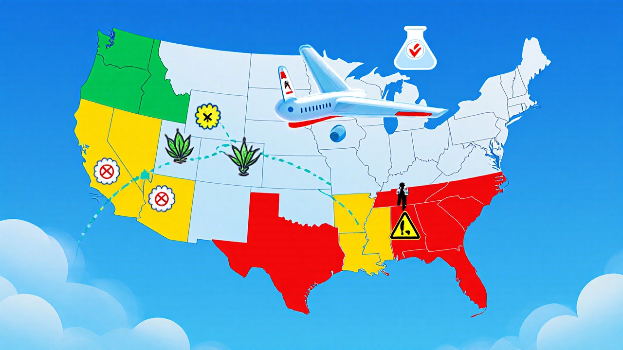 Flugzeug über USA-Karte mit CBD-Blüten, die in verschiedenen Bundesstaaten unterschiedlich behandelt werden.