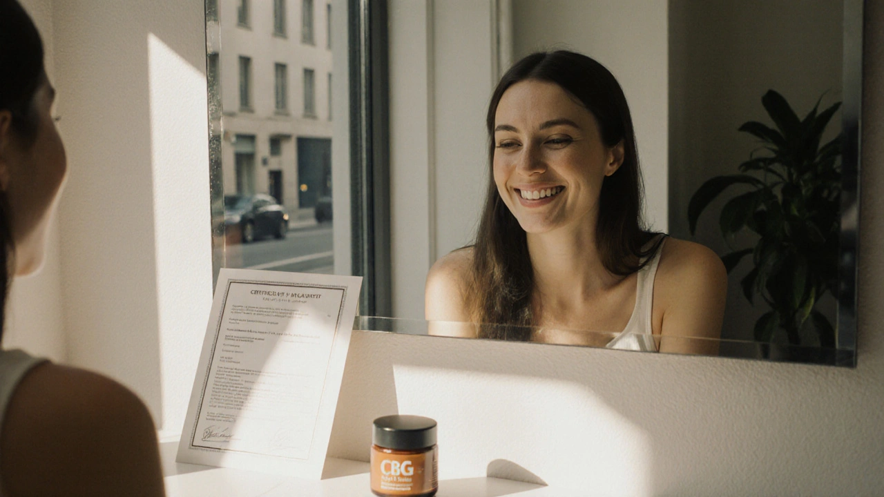 Frau lächelt in den Spiegel, CBG-Creme und Analyseurkunde auf der Kommode, ruhige Atmosphäre