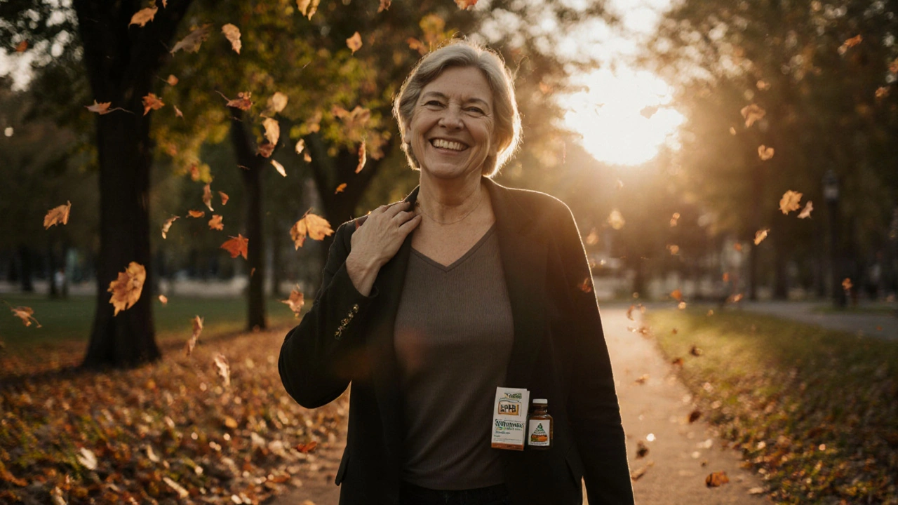 Frau läuft friedlich im Park bei Dämmerung, wirkt entspannt.