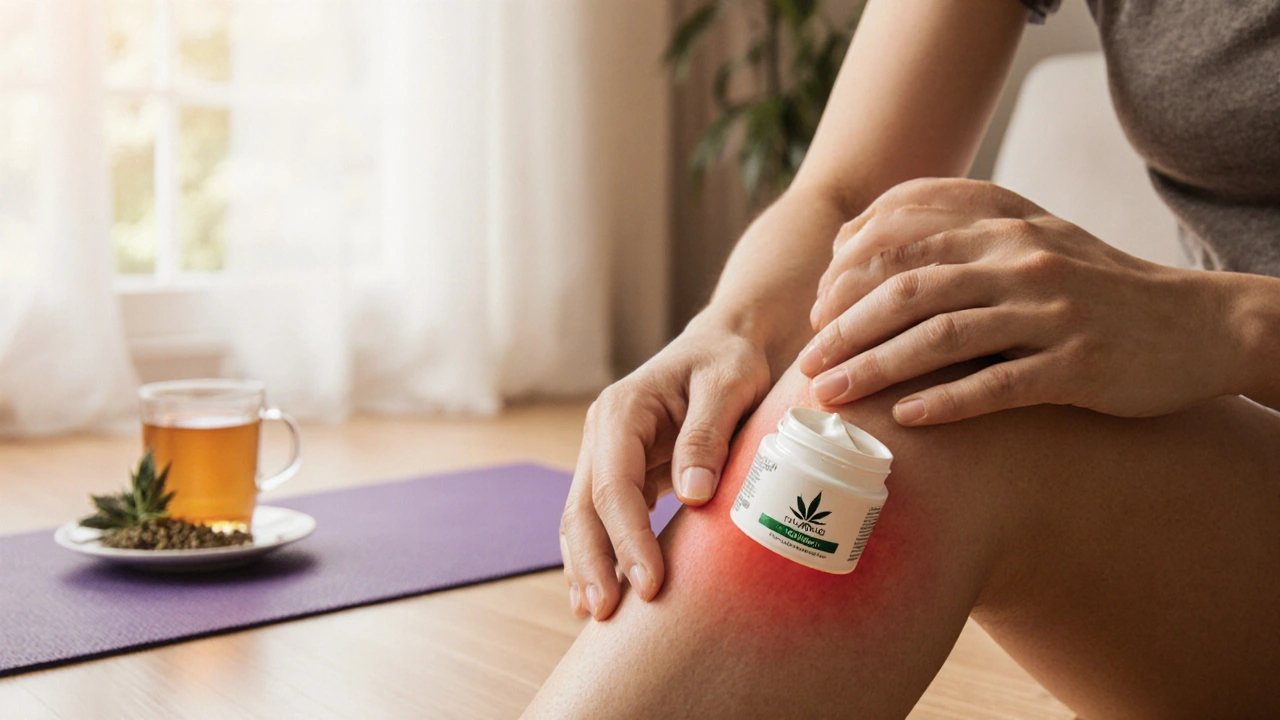Frau reibt CBD-Creme auf ihr Knie, entspannt und lindert Schmerzen.