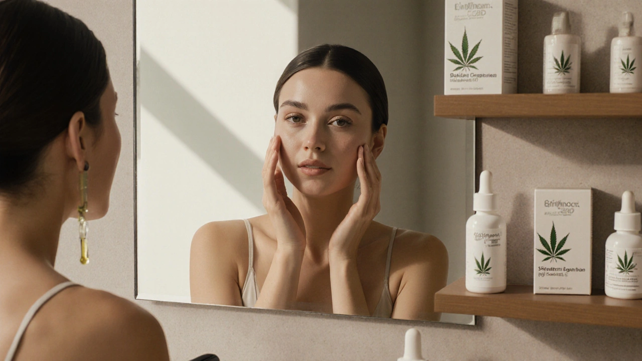 Frau trägt CBG-Gesichtscreme auf, sanftes Tageslicht im Badezimmer
