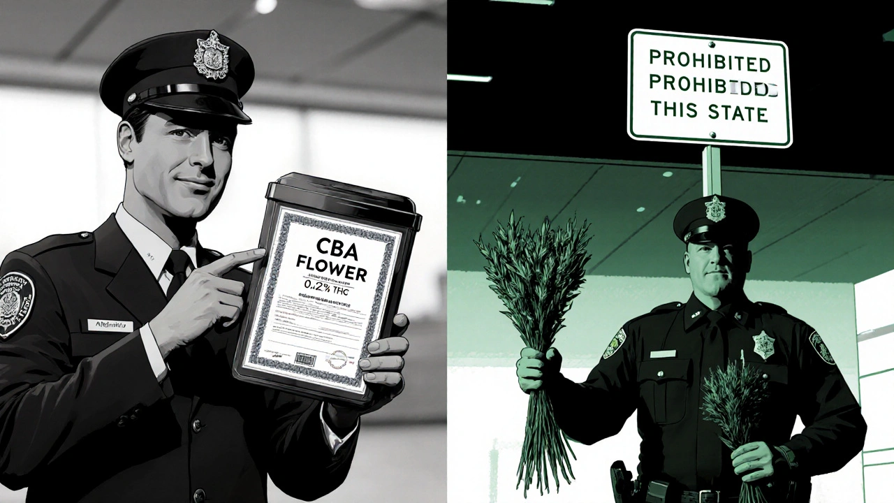 Gegensatz: TSA-Mitarbeiter mit legalen CBD-Blüten vs. Polizei vor einem verbotenen Bundesstaatsschild.