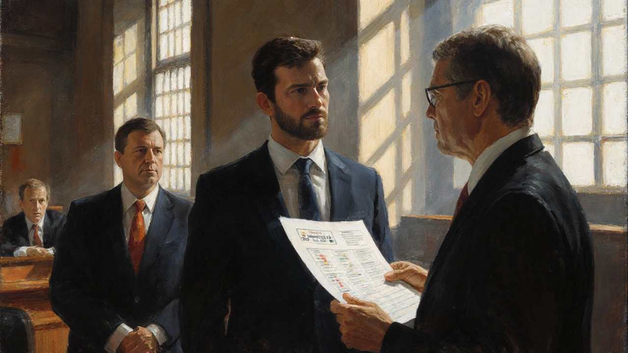 Gerichtssaal-Szene mit Angeklagtem und Anwalt, der einen HHC-nachweisenden Testbericht hält.