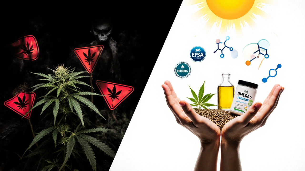 Gespaltenes Bild: links Angstsymbolik mit Cannabis, rechts helle Hanf-Nahrungsmittel mit wissenschaftlichen Symbolen.